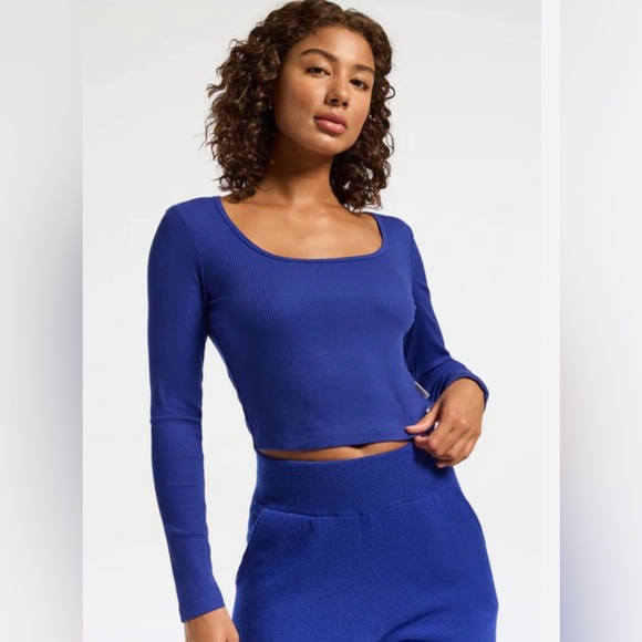 NWT Wesley Bandier Rivington Ribbed Long Sleeve Scoop Crop Top Dazzling Blue - Picture 1 of 4